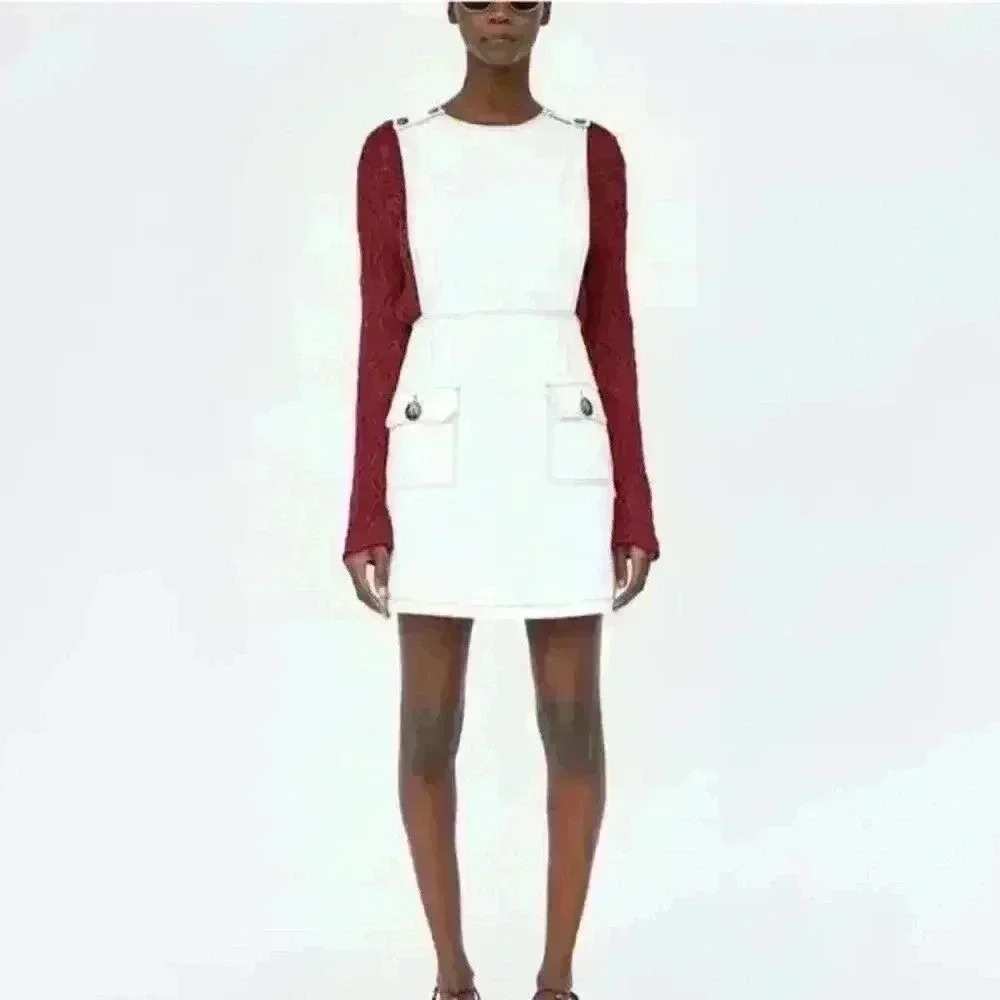 Zara Off-White Denim Pinafore Dress - Size L
